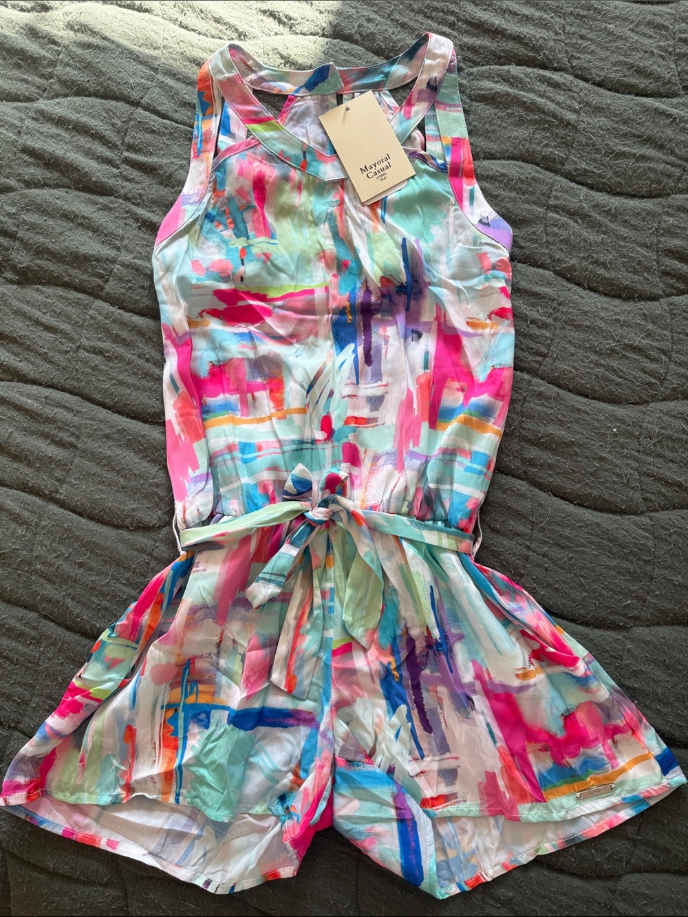 Mayoral Multicolor Watercolor Tie-Waist Romper — Pink, Blue, Green